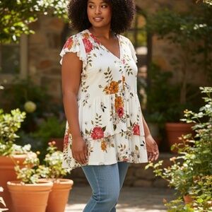 Torrid Women’s Super Soft Floral Button Down Jersey Knit V Neckline Top